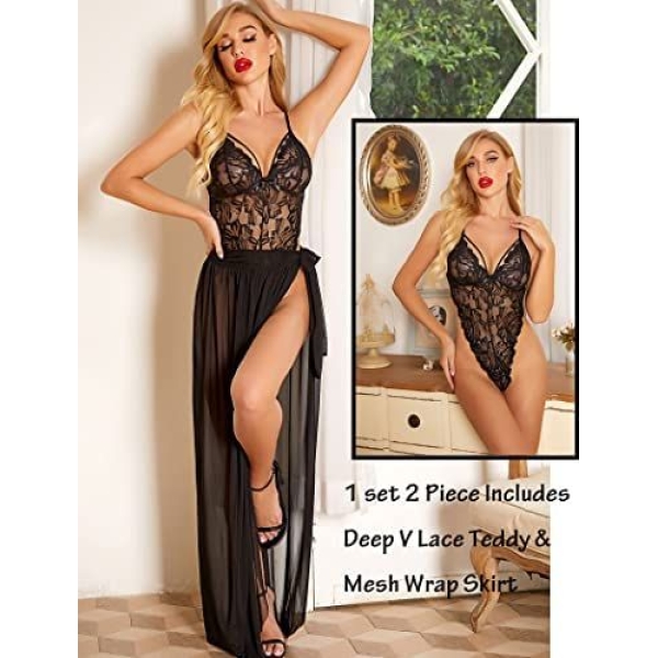 Fancyra Women Lingerie Lace Babydoll High Split Maxi Long Gown V Neck Mesh Sleepwear Free Size Black Color - Image 4