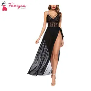 Fancyra Women Lingerie Lace Babydoll High Split Maxi Long Gown V Neck Mesh Sleepwear Free Size Black Color