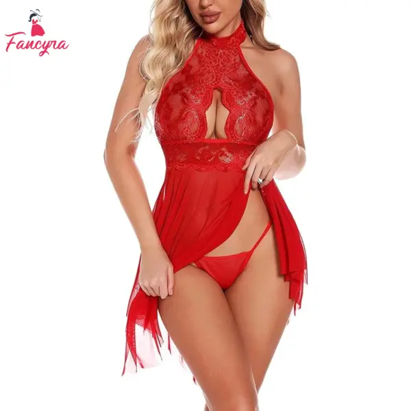 Fancyra Women Lingerie Lace Babydoll Strap Chemise Halter Scoop Neck Sleepwear with Thong - Image 2