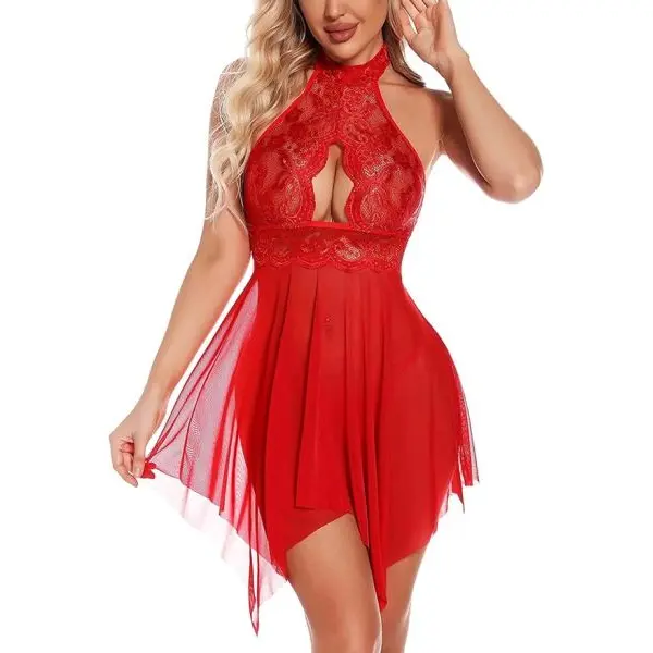 Fancyra Women Lingerie Lace Babydoll Strap Chemise Halter Scoop Neck Sleepwear with Thong - Image 4