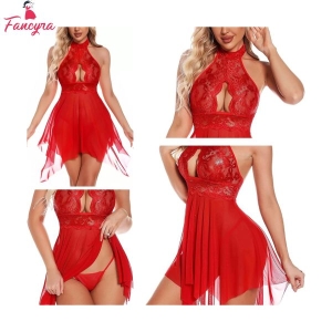 Fancyra Women Lingerie Lace Babydoll Strap Chemise Halter Scoop Neck Sleepwear with Thong