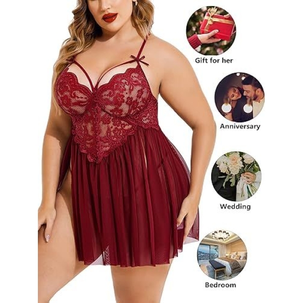 Fancyra Women Lingerie Lace Babydoll Strap Chemise Nightgown V Neck Nighty Mesh Sleepwear Side Slit Nightdress - Image 2