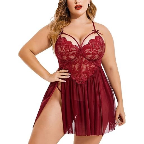 Fancyra Women Lingerie Lace Babydoll Strap Chemise Nightgown V Neck Nighty Mesh Sleepwear Side Slit Nightdress - Image 3