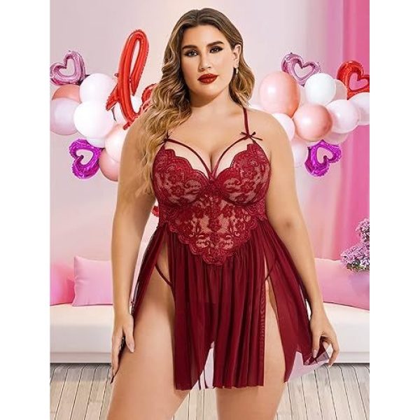 Fancyra Women Lingerie Lace Babydoll Strap Chemise Nightgown V Neck Nighty Mesh Sleepwear Side Slit Nightdress - Image 4