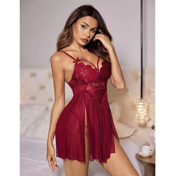 Fancyra Women Lingerie Lace Babydoll Strap Chemise Nightgown V Neck Nighty Mesh Sleepwear Side Slit Nightdress - Image 4
