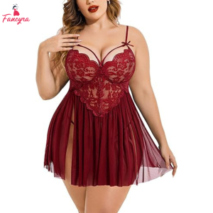 Fancyra Women Lingerie Lace Babydoll Strap Chemise Nightgown V Neck Nighty Mesh Sleepwear Side Slit Nightdress
