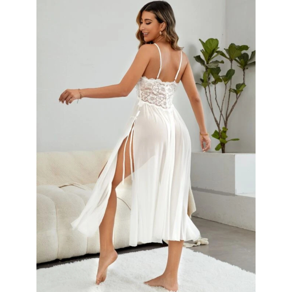 Fancyra Women Lingerie Nightwear Lace Babydoll V Neck Trim Mesh Split Thigh Long Gown Sheer Dress Free Size - Image 3