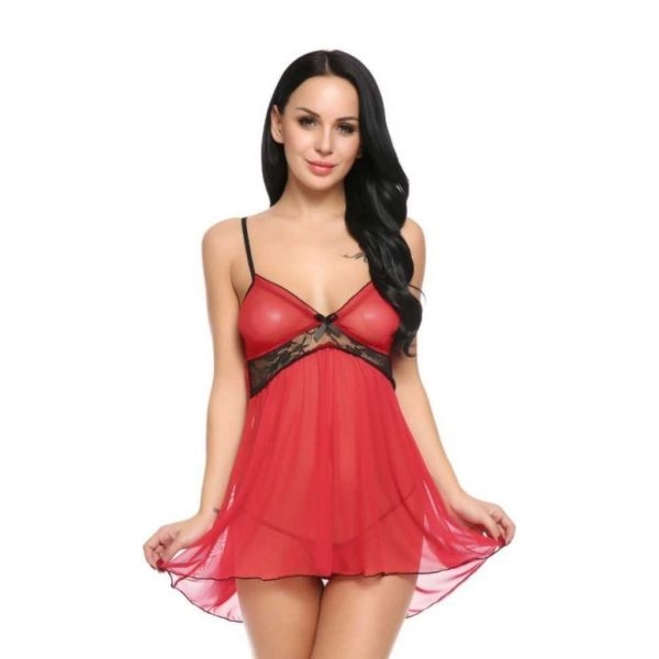 Fancyra Women Lingerie Polyamide Spandex Floral Above Knee Baby Doll With G String Panty Free Size Red Color - Image 2