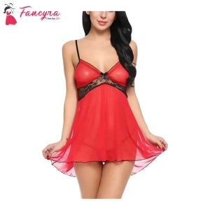 Fancyra Women Lingerie Polyamide Spandex Floral Above knee Baby Doll With G String Panty Free Size Red Color