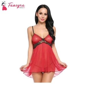 Fancyra Women Lingerie Polyamide Spandex Floral Above Knee Baby Doll With G String Panty Free Size Red Color