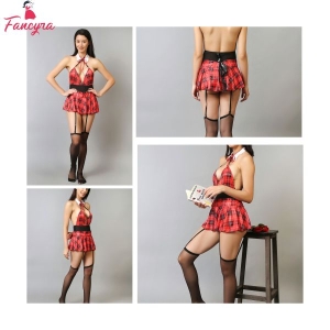 Fancyra Women Lingerie Role Play Costume Sheer Halter Teddy with Tie Mini Skirt and Stocking