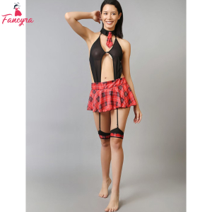 Fancyra Women Lingerie Roleplay Uniform Plaid Sheer Halter Teddy Tie Mini Skirt Costume Set
