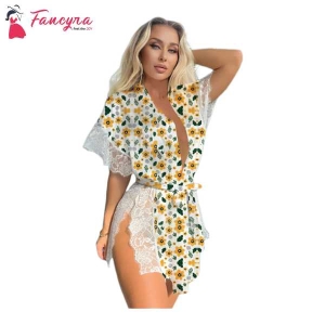 Fancyra Women Lingerie Satin Blend Sleepwear Eyelash Lace Kimono Side Split Silk Robes