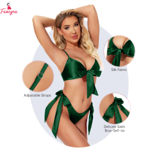 Fancyra Women Lingerie Satin Bow Tie Bra Panty Bikini Swimwear Set