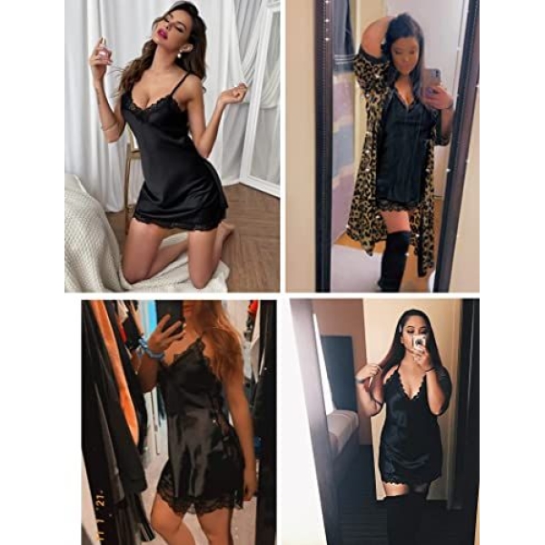 Fancyra Women Lingerie Satin Lace Chemise Nightgown Full Slips Sleepwear with G-string Panty Free Size Black Color - Image 5
