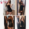 Fancyra Women Lingerie Satin Nightgown Full Slips Sleepwear with G-string Panty Free Size Black Color
