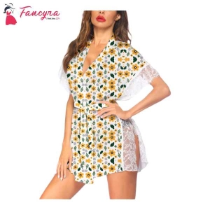 Fancyra Women Lingerie Satin Sleepwear Eyelash Lace Kimono Side Split Silk Robes