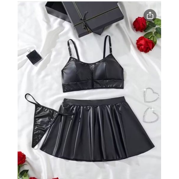 Fancyra Women Lingerie Set 3 Piece Black Baby Doll Crop Top & Mini Skirt with Panty Nightwear - Image 2