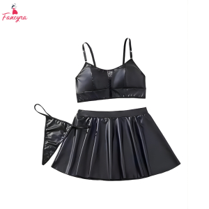 Fancyra Women Lingerie Set 3 Piece Black Baby Doll Crop Top & Mini Skirt with Panty Nightwear