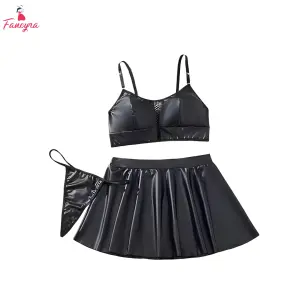 Fancyra Women Lingerie Set 3 Piece Black Baby Doll Crop Top & Mini Skirt with Panty Nightwear