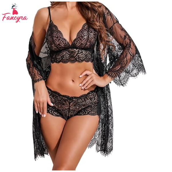 Fancyra Women Lingerie Set 3 Piece Bra and Panty Sets with Lace Kimono Robe Sleepwear Mesh Nightgown - Image 2