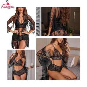Fancyra Women Lingerie Set 3 Piece Bra and Panty Sets with Lace Kimono Robe Sleepwear Mesh Nightgown