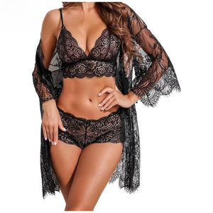 Fancyra Women Lingerie Set 3 Piece Bra and Panty Sets with Lace Kimono Robe Sleepwear Mesh Nightgown