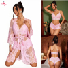 Fancyra Women Lingerie Set 3 Piece Lace Kimono Robe with Bra and Panty Sheer Sleepwear Nightwear
