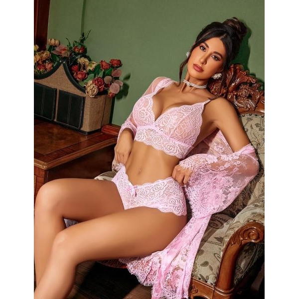 Fancyra Women Lingerie Set 3 Piece Lace Kimono Robe with Bra and Panty Sheer Sleepwear Nightwear - Image 3