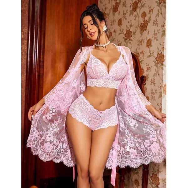 Fancyra Women Lingerie Set 3 Piece Lace Kimono Robe with Bra and Panty Sheer Sleepwear Nightwear - Image 4