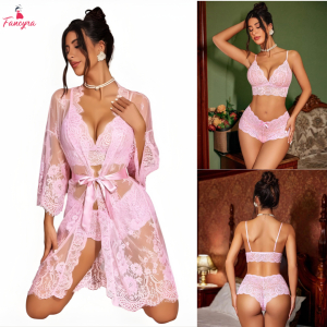 Fancyra Women Lingerie Set 3 Piece Lace Kimono Robe with Bra and Panty Sheer Sleepwear Nightwear