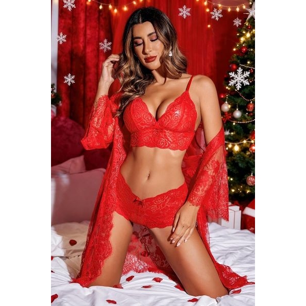 Fancyra Women Lingerie Set 3 Piece Lace Kimono Robe with Non Padded Seamless Bra and Panty Set - Image 2