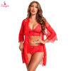 Fancyra Women Lingerie Set 3 Piece Lace Kimono Robe with Non Padded Seamless Bra and Panty Set