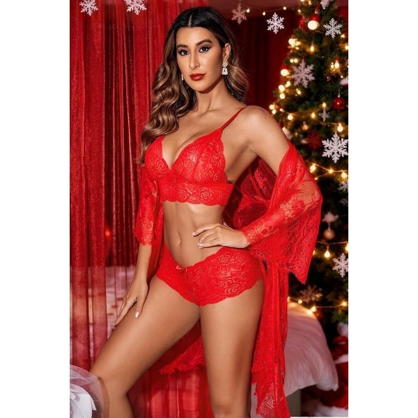 Fancyra Women Lingerie Set 3 Piece Lace Kimono Robe with Non Padded Seamless Bra and Panty Set - Image 5