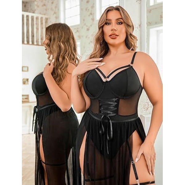 Fancyra Women Lingerie Set for Women Bodysuit with High Slit dress and Garter Belt - Image 4