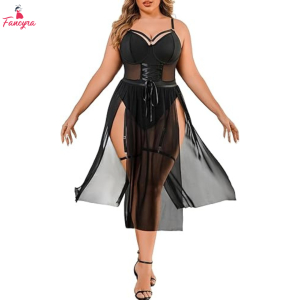 Fancyra Women Lingerie Set for Women Bodysuit with High Slit dress and Garter Belt