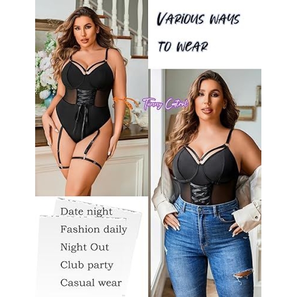 Fancyra Women Lingerie Set for Women Bodysuit with High Slit dress and Garter Belt - Image 5