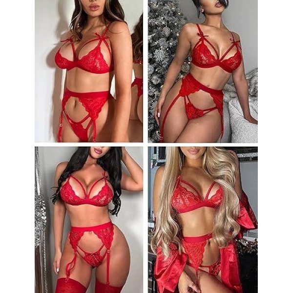 Fancyra Women Lingerie Set Lace Teddy Strap Babydoll Bodysuit with Garter Belts and Leg Stocking - Image 5