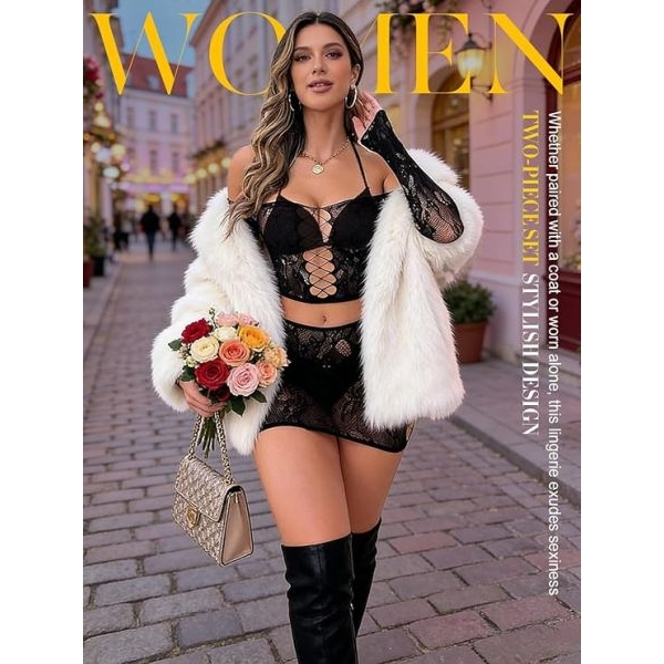 Fancyra Women Lingerie Set Two Piece Floral Hollow Top & Skirt Bodystocking Set - Image 3
