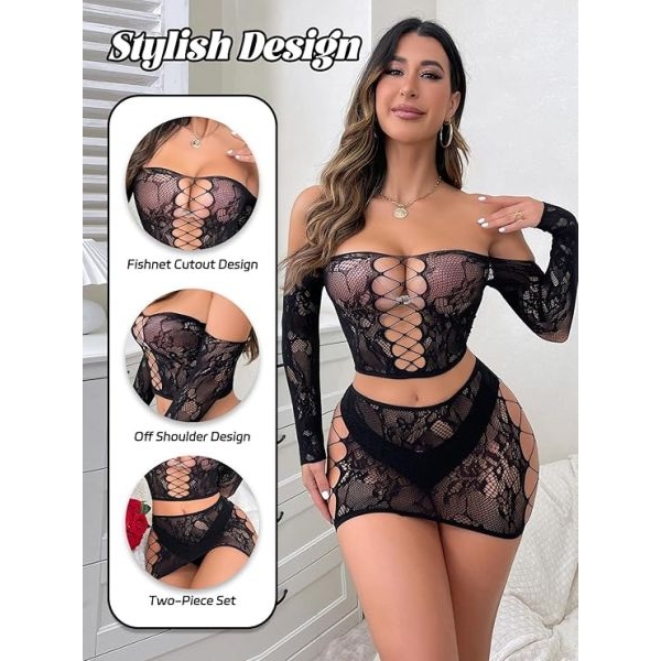 Fancyra Women Lingerie Set Two Piece Floral Hollow Top & Skirt Bodystocking Set - Image 4