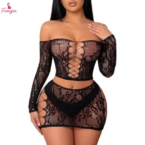 Fancyra Women Lingerie Set Two Piece Floral Hollow Top & Skirt Bodystocking Set