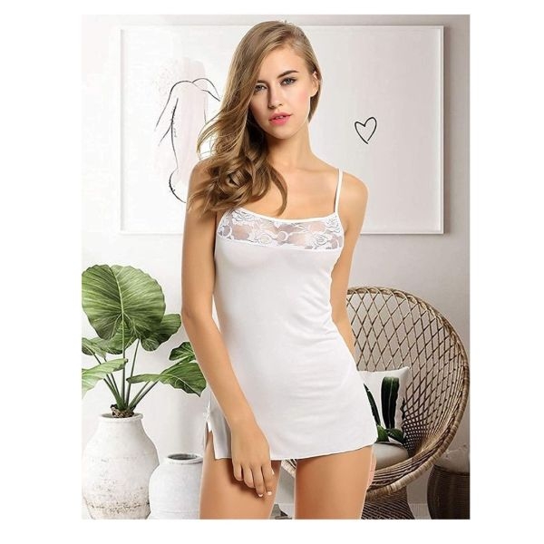 Fancyra Women Lingerie Solid Above Knee Baby Doll Top With G String Panty White Color Free Size - Image 2