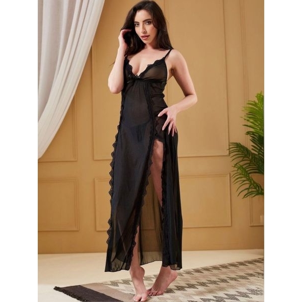 Fancyra Women Long Mesh V Neck Hot Nightwear Side Split Nightgown Lingerie - Image 2