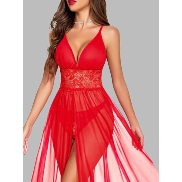 Fancyra Women Long Sheer Lace Bridal Honeymoon Nightdress Sleepwear Nighty - Image 5