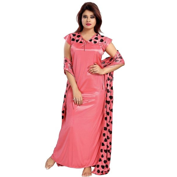 Fancyra Women Long Silk Heart Print Two Piece Nightgown Nighty with Robe Free Size - Image 2