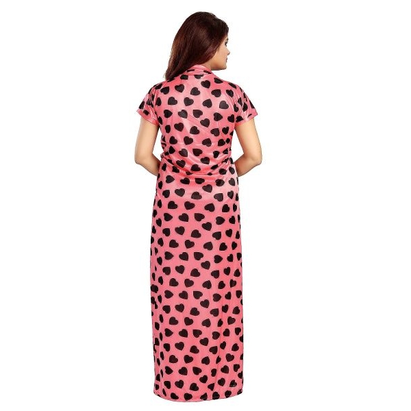 Fancyra Women Long Silk Heart Print Two Piece Nightgown Nighty with Robe Free Size - Image 3