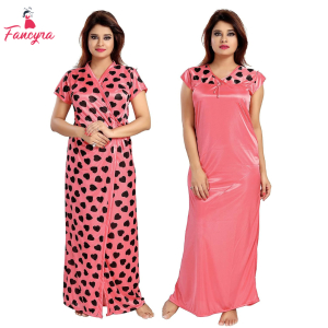 Fancyra Women Long Silk Heart Print Two Piece Nightgown Nighty with Robe Free Size