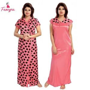 Fancyra Women Long Silk Heart Print Two Piece Nightgown Nighty with Robe Free Size