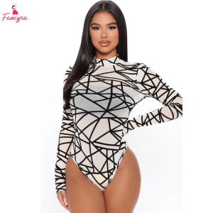Fancyra Women Long Sleeve Bodysuit Turtleneck Sheer Mesh Lingerie
