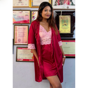 Fancyra Women Luxurious Red Satin Lace Lingerie Nightwear Set with Matching Robe